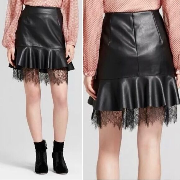 Who What Wear Black Faux Leather Mini Skirt with Ruffle Lace Hem - Picture 1 of 12